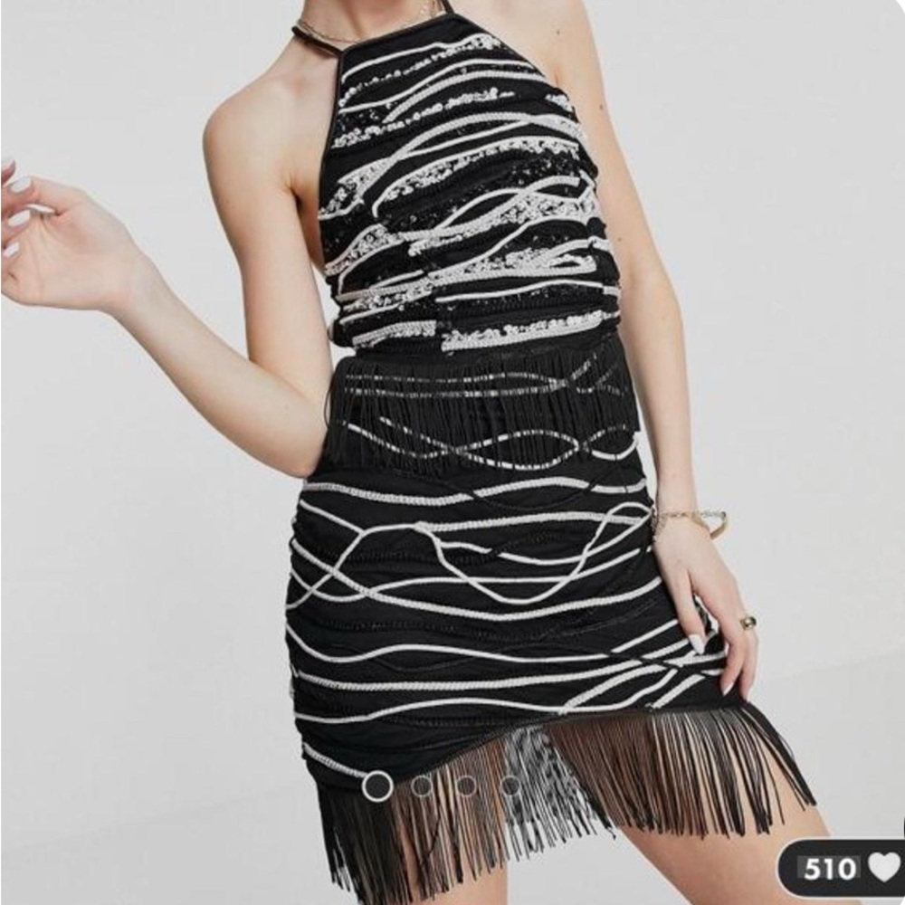 ASOS Embellished Black and White Fringe Halter Dress with Low Back